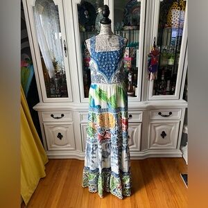 FARM Rio Blue, Green & White Tiered Maxi Dress M